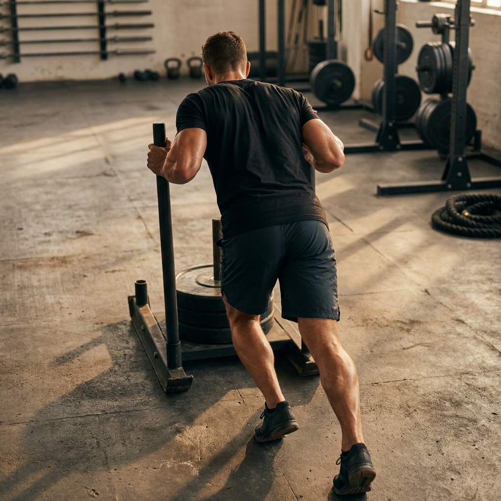 Tee Sled Push Humbles Everyone — flat lay light background | hybriddept