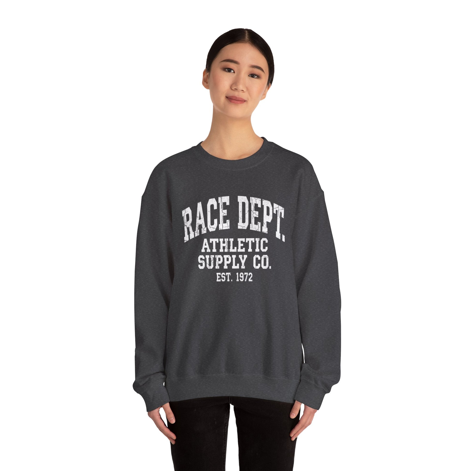 Crewneck Race Dept. — flat lay light background | hybriddept