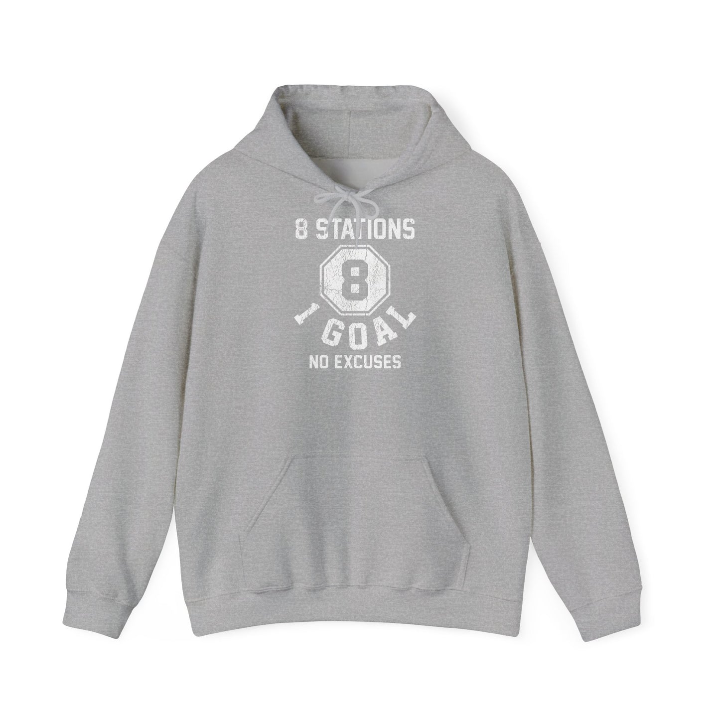 Hoodie 8 Stations 1 Goal — détail inscription | hybriddept