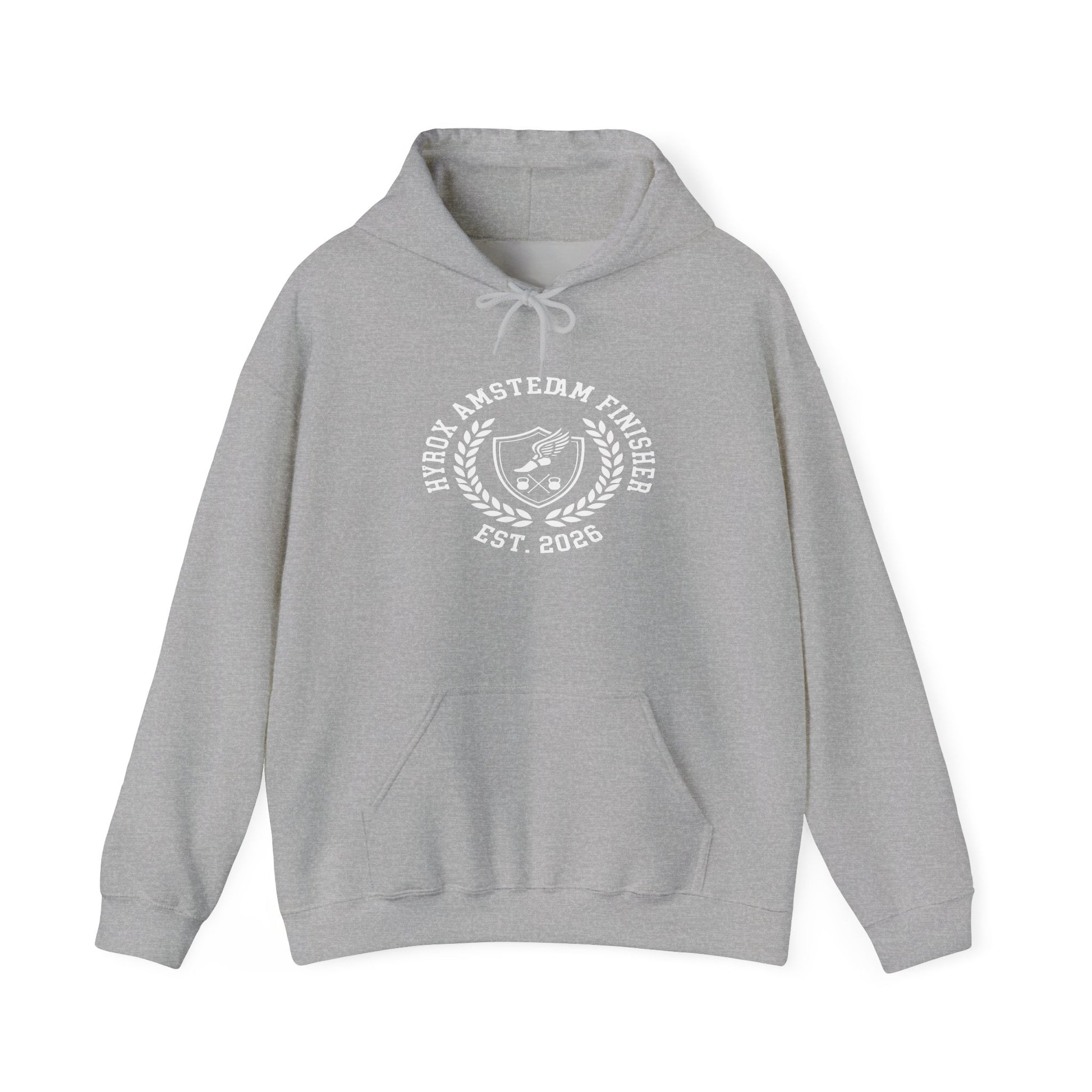 Hoodie HYROX Amsterdam Finisher — flat lay light background | hybriddept
