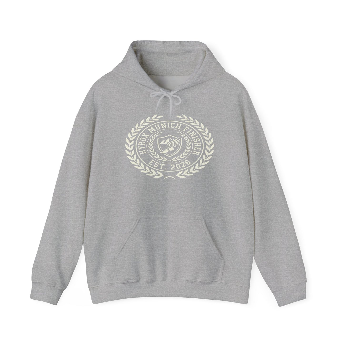 Hoodie HYROX Munich Finisher — flat lay light background | hybriddept