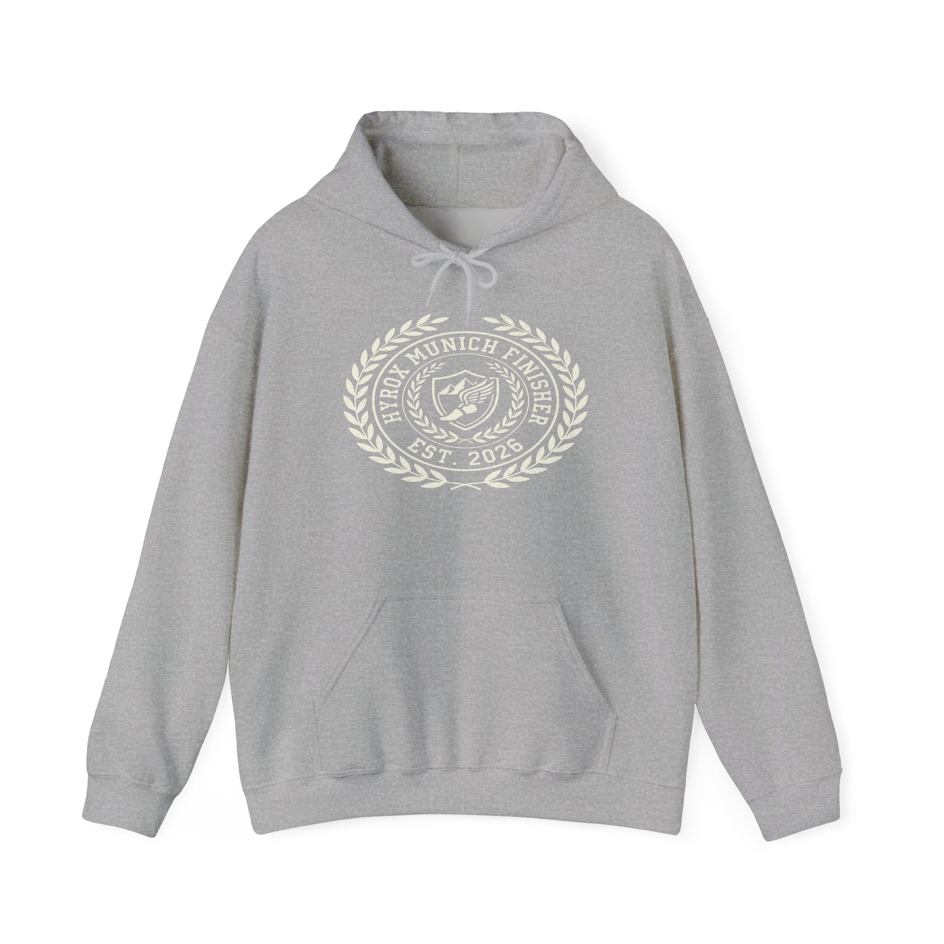 Hoodie HYROX Munich Finisher — flat lay light background | hybriddept